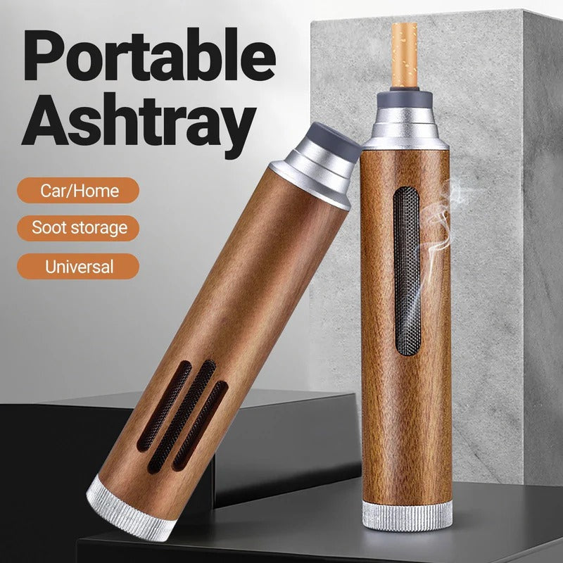 Portable ashtray with wooden finish and silver accents on a gray background