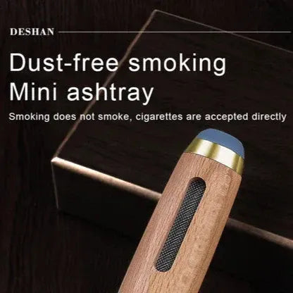 Deshan dust-free smoking mini ashtray with wooden design on a dark background